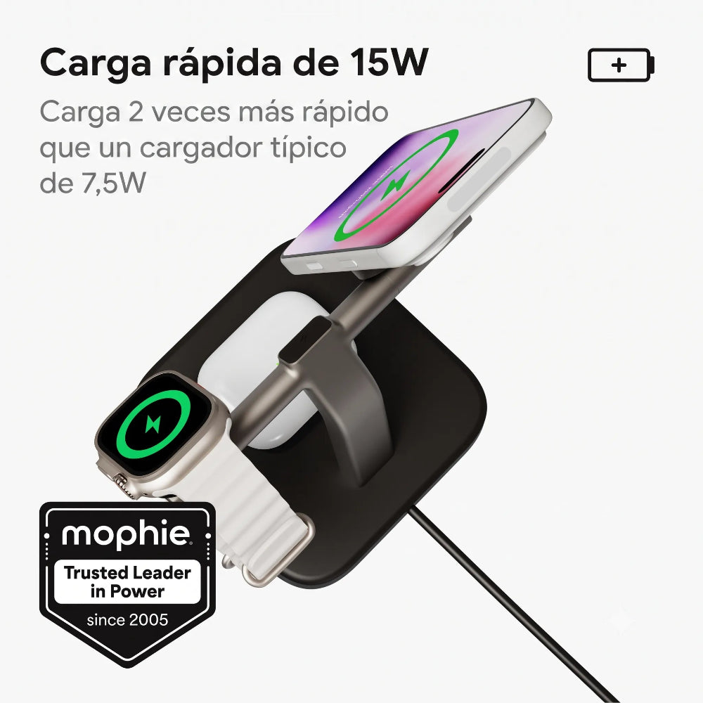 Base de Carga Inalámbrica Mophie Qi2 3 en 1 - Negro
