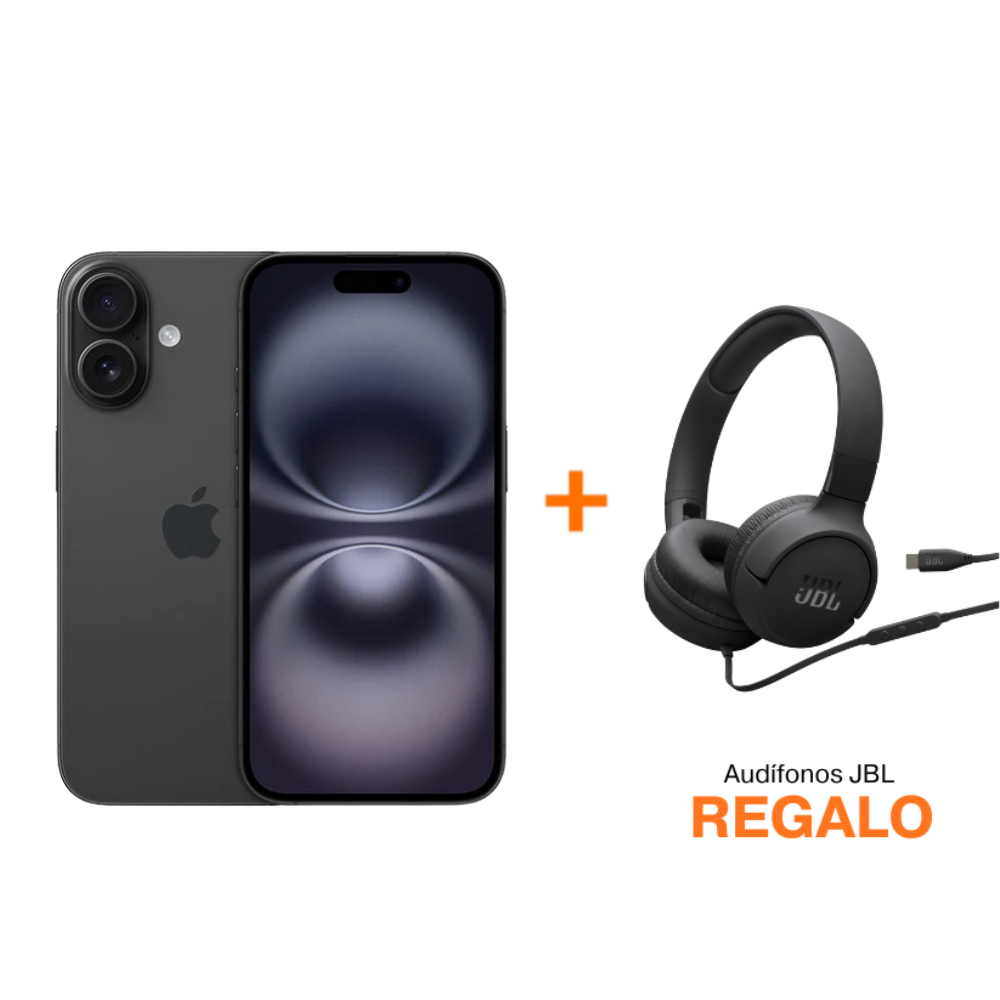 iPhone 16 - 128GB - Negro + Audífonos JBL T520 Cableado - Negro