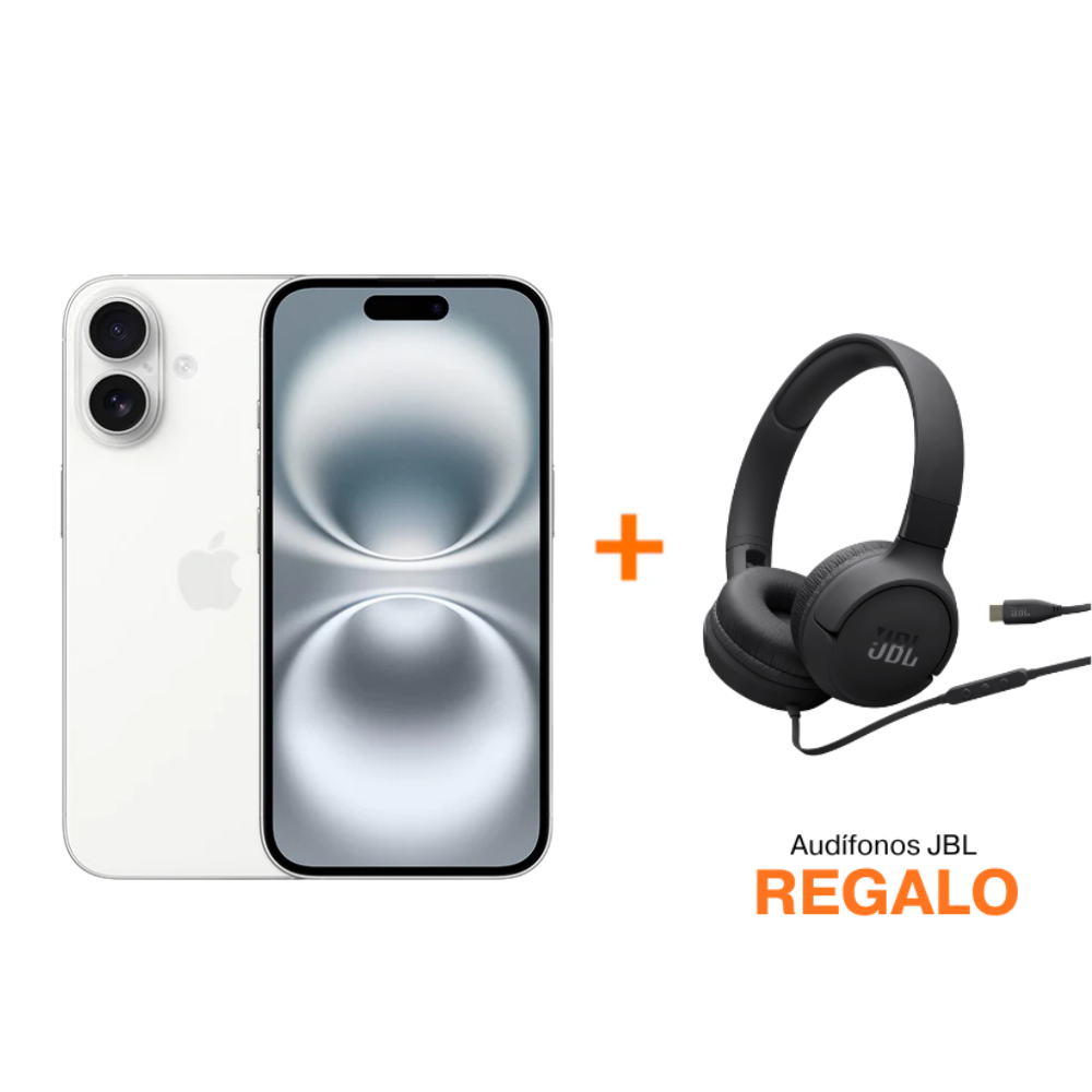 iPhone 16 - 128GB - Blanco + Audífonos JBL T520 Cableado - Negro