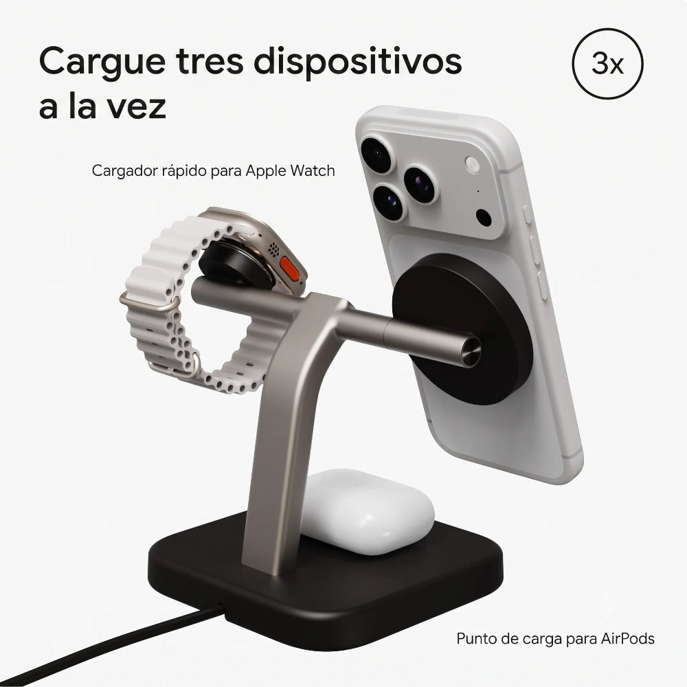 Base de Carga Inalámbrica Mophie Qi2 3 en 1 - Negro