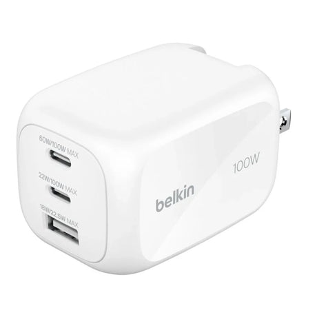 Cargador_Belkin_GaN_de_3_Puertos_(2_USB-C/1_USB-A)_100W_Blanco_Posición_1_iShop_El_Salvador