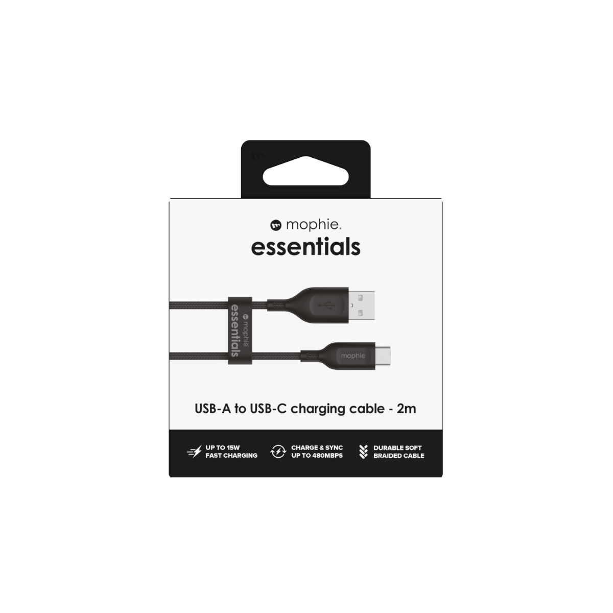 Cable Mophie essential trenzado USB-A a USB-C 15w 2m - Negro