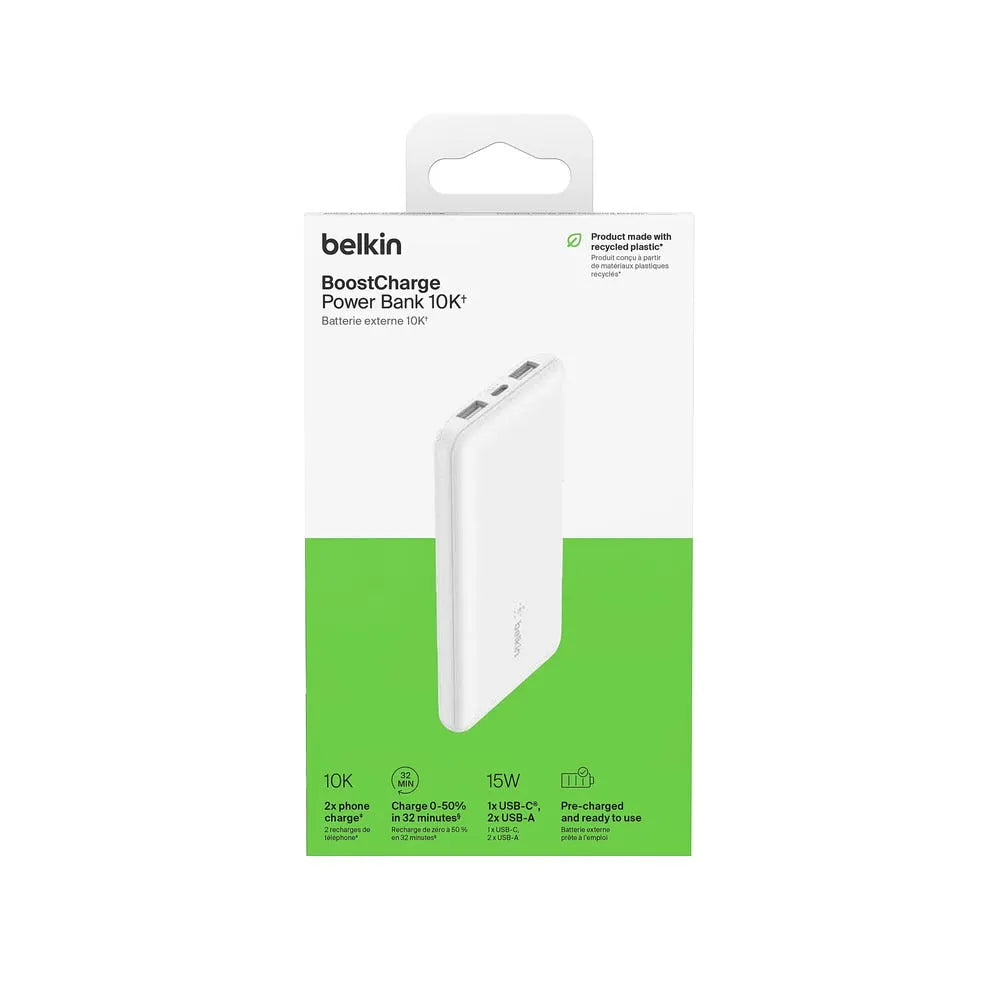 Batería portatil Belkin 10000 mAh USB-A x2 USB-C - Blanco