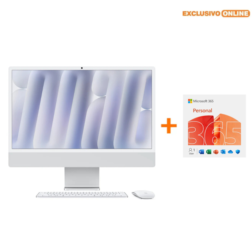 iMac 24 Chip M4 - 8GPU - 16GB RAM - 256GB - Plata + Microsoft Office 365 Personal - Licencia por 6 meses en línea