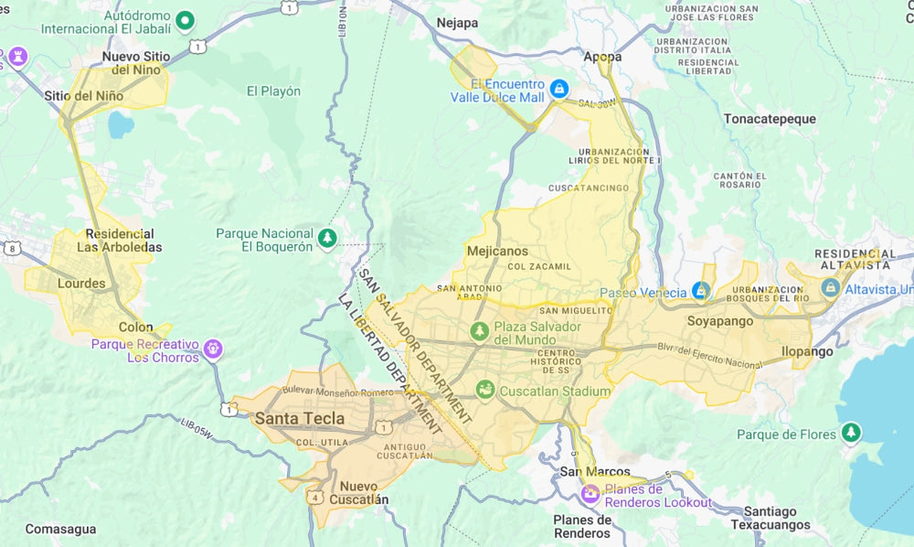 Mapa de cobertura de entrega el mismo día en San Salvador